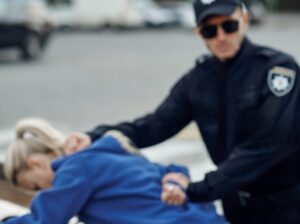 Striptér v roli policisty během scénky zatčení na dámské rozlučce se svobodou