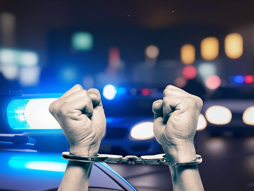 Ruce v poutech zvednuté nad hlavou před rozsvícenými policejními majáky v noci