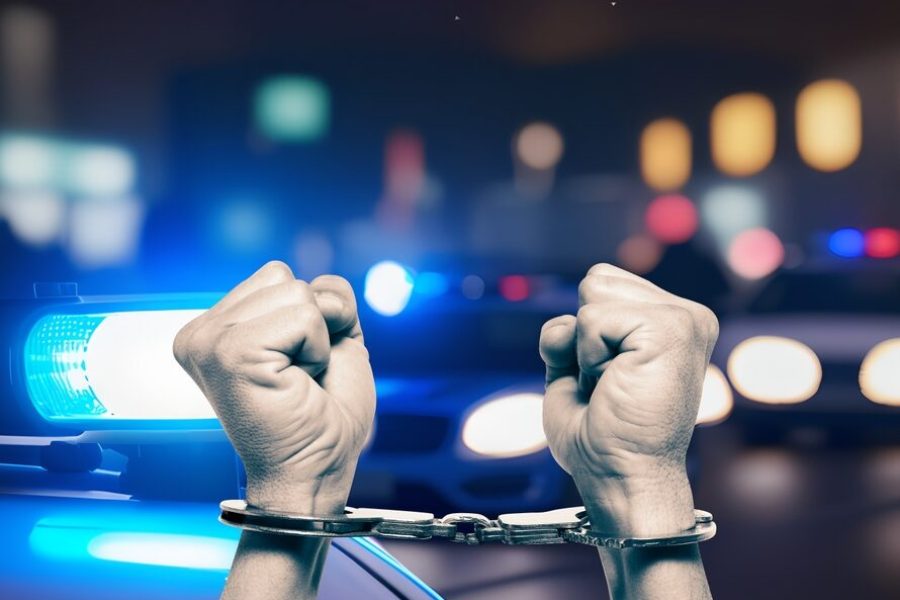 Ruce v poutech zvednuté nad hlavou před rozsvícenými policejními majáky v noci