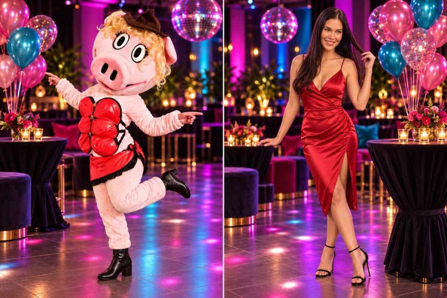 Striptérka během show v kostýmu růžového prasátka a po odhalení skončí v červených šatech.
